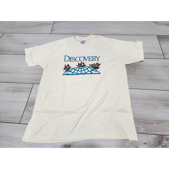 Mens Vtg 90s Florida Lottery Discovery Cream T Shirt Single Stitch size Large - Picture 1 of 5